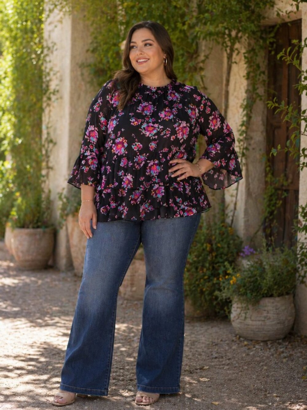 Lane Bryant Black Top with Pink Floral Print and Bell Sleeves 20 Plus